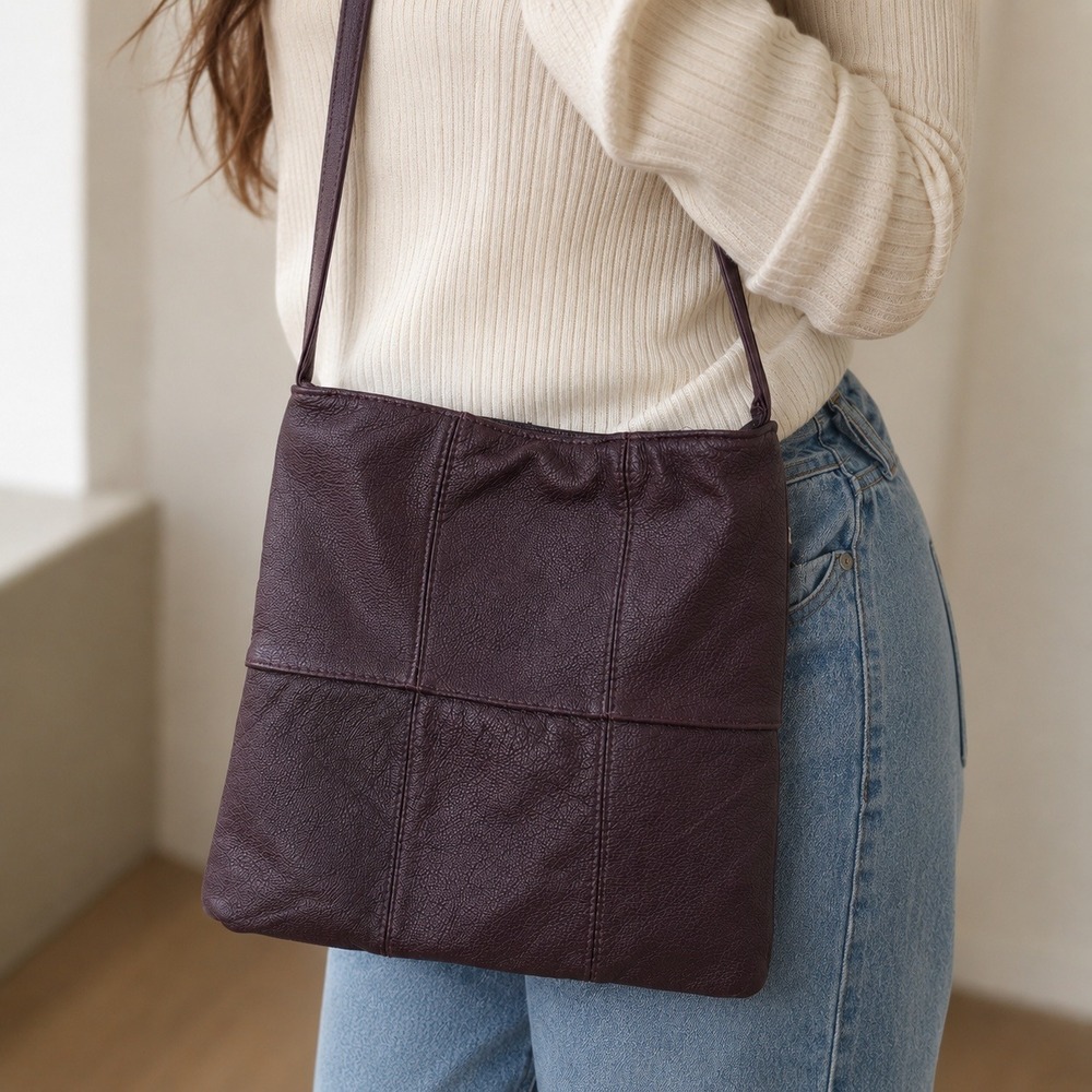 Womens‎ Leatehr Crossbody Bag OS Plum Patchwork Zip Pocket Classic 90s Retro